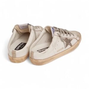 golden goose super star with burgundy glitter star and silver heel tab
